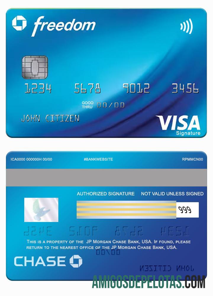 Cartão de assinatura JP Morgan Chase Bank Freedom Visa dos EUA amostra